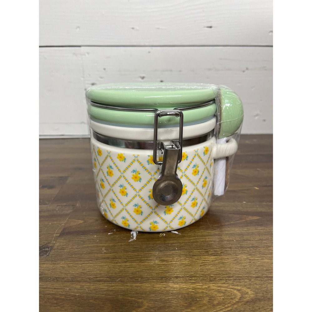 The Pioneer Woman Floral Trellis Stoneware‎ Canister with Scoop Mint Green Lid
